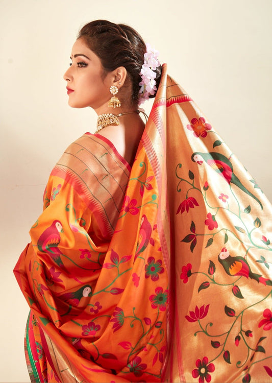 Handloom paithani silk saffron orange saree in usa online shopping from India.
