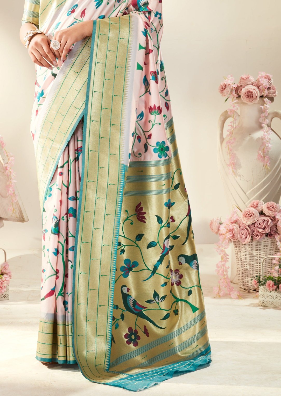 Pastel pink paithani silk handloom saree online in london uk for wedding and bridal wear.