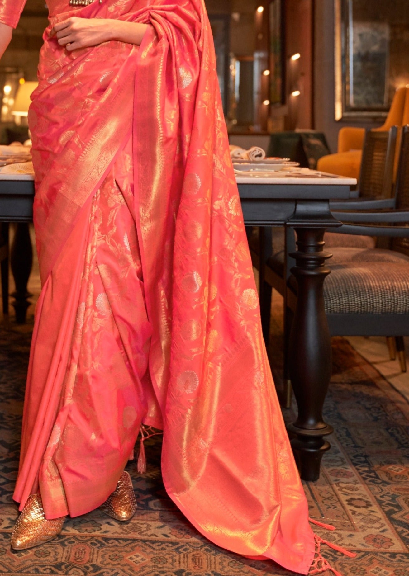 Peach colour banarasi silk saree online shopping for sustainable fashion.