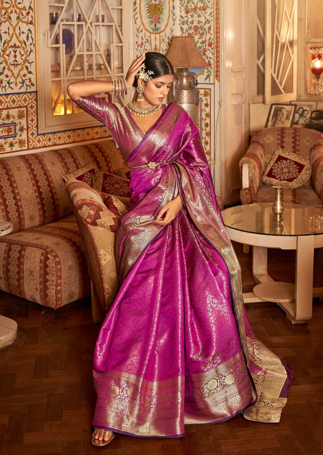 Kanjivaram pure silk saree for wedding in rani pink colour.