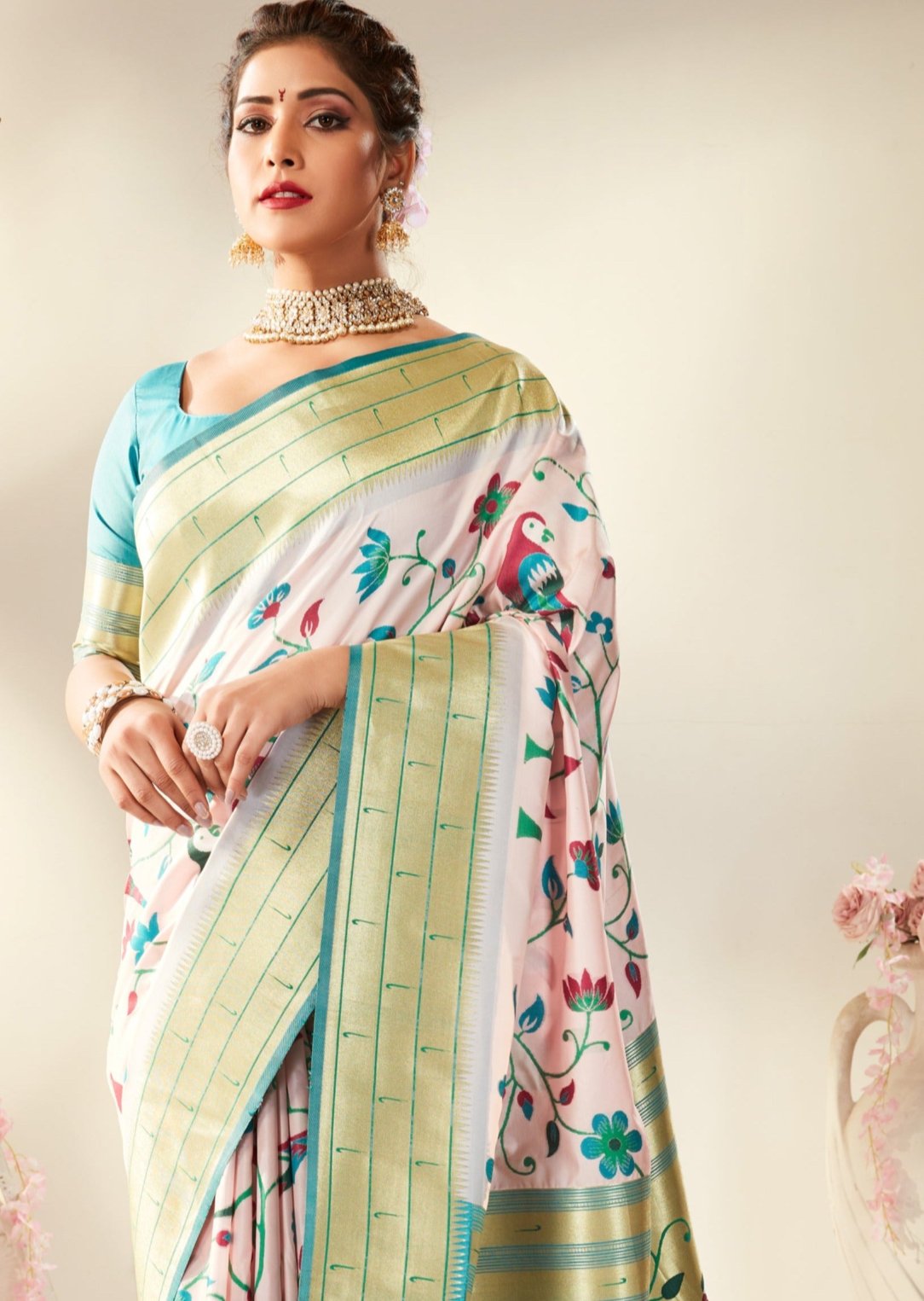 Pastel pink paithani silk saree usa online shopping for wedding with contrast blue blouse.