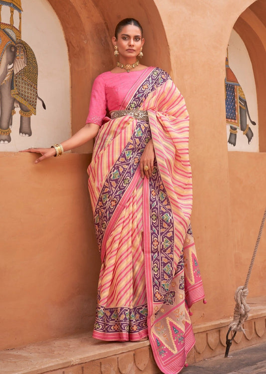 Woman's pink patola tissue saree online shopping india usa for summer wedding.