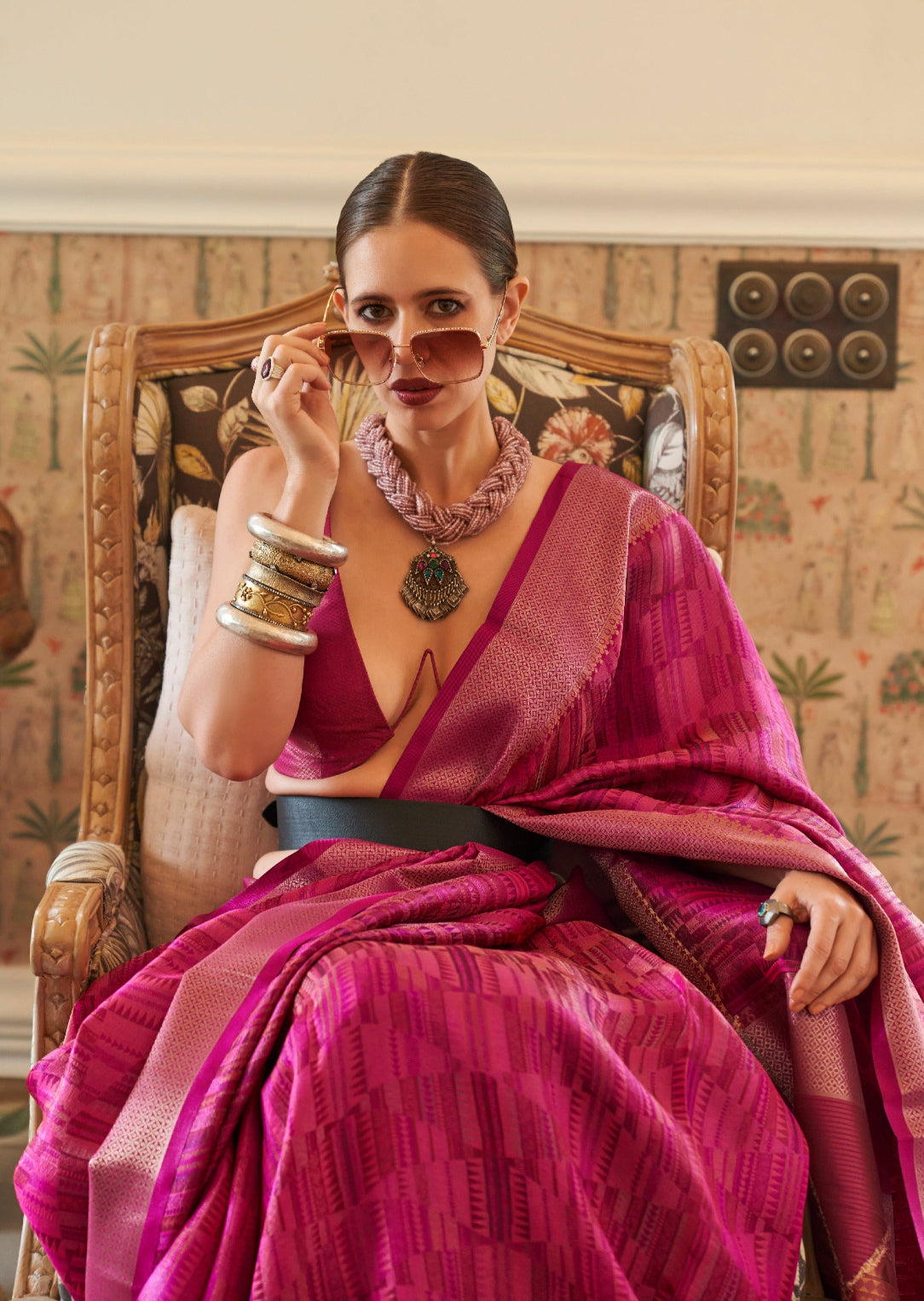 Bollywood actress Kalki Koechlin in pink saree made with pure handloom organza silk.