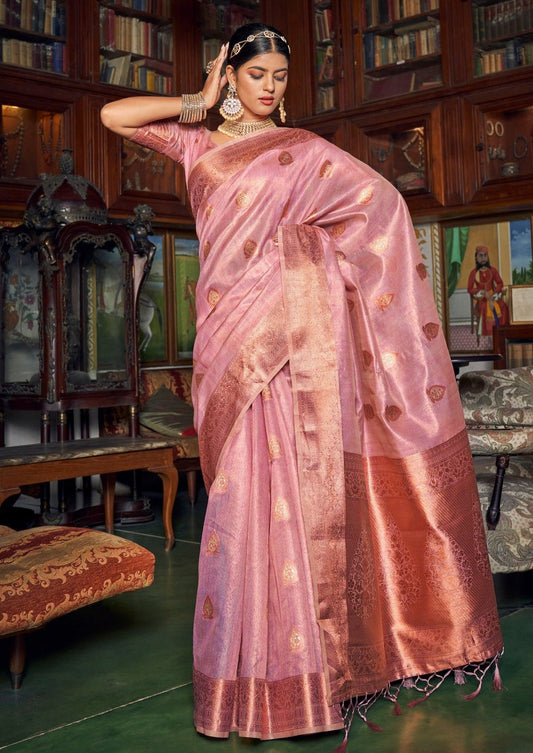 Banarasi tissue silk handloom saree online in pink color with gold zari border.