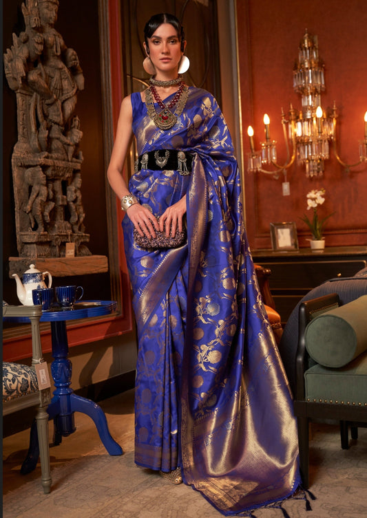 Pure banarasi silk saree in royal blue colour available for online shopping in india featuring gold zari weaving handloom craftsmanship.