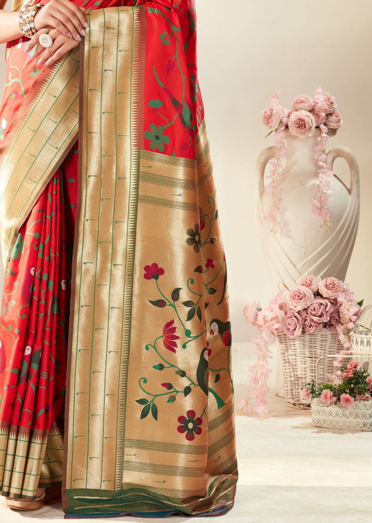 Pure handloom paithani silk red saree pallu online shopping with price.