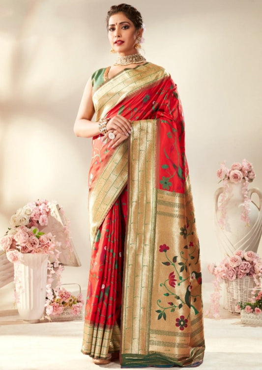 Pure handloom paithani silk red bridal saree blouse online shopping.