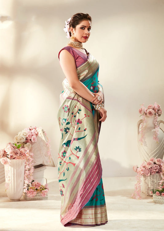 Buy Lotus Pink Handloom Pure Silk Woven Maharashtrian Paithani Saree