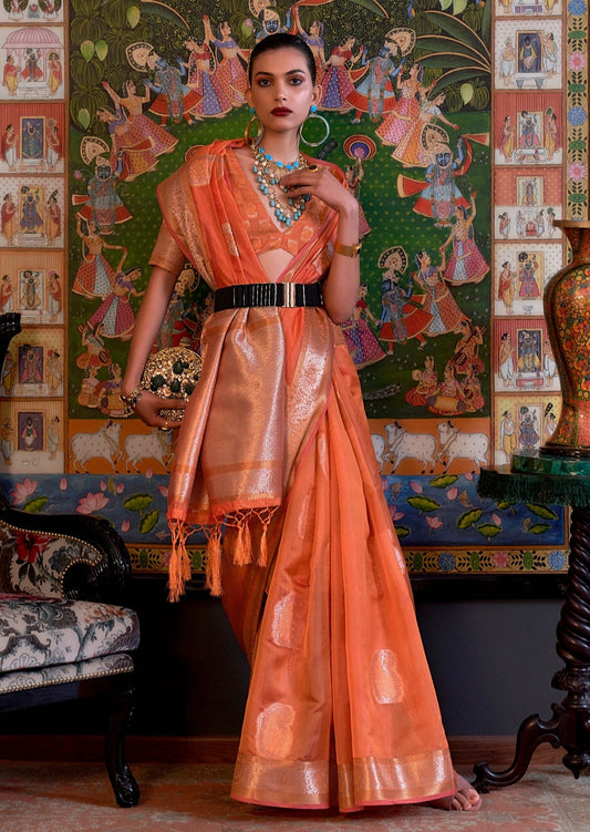 Woman's orange color banarasi organza saree online.