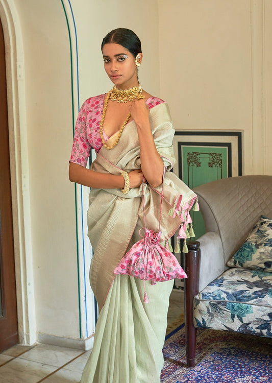 Pure Organza Pista Green Saree with Contrasting Blouse