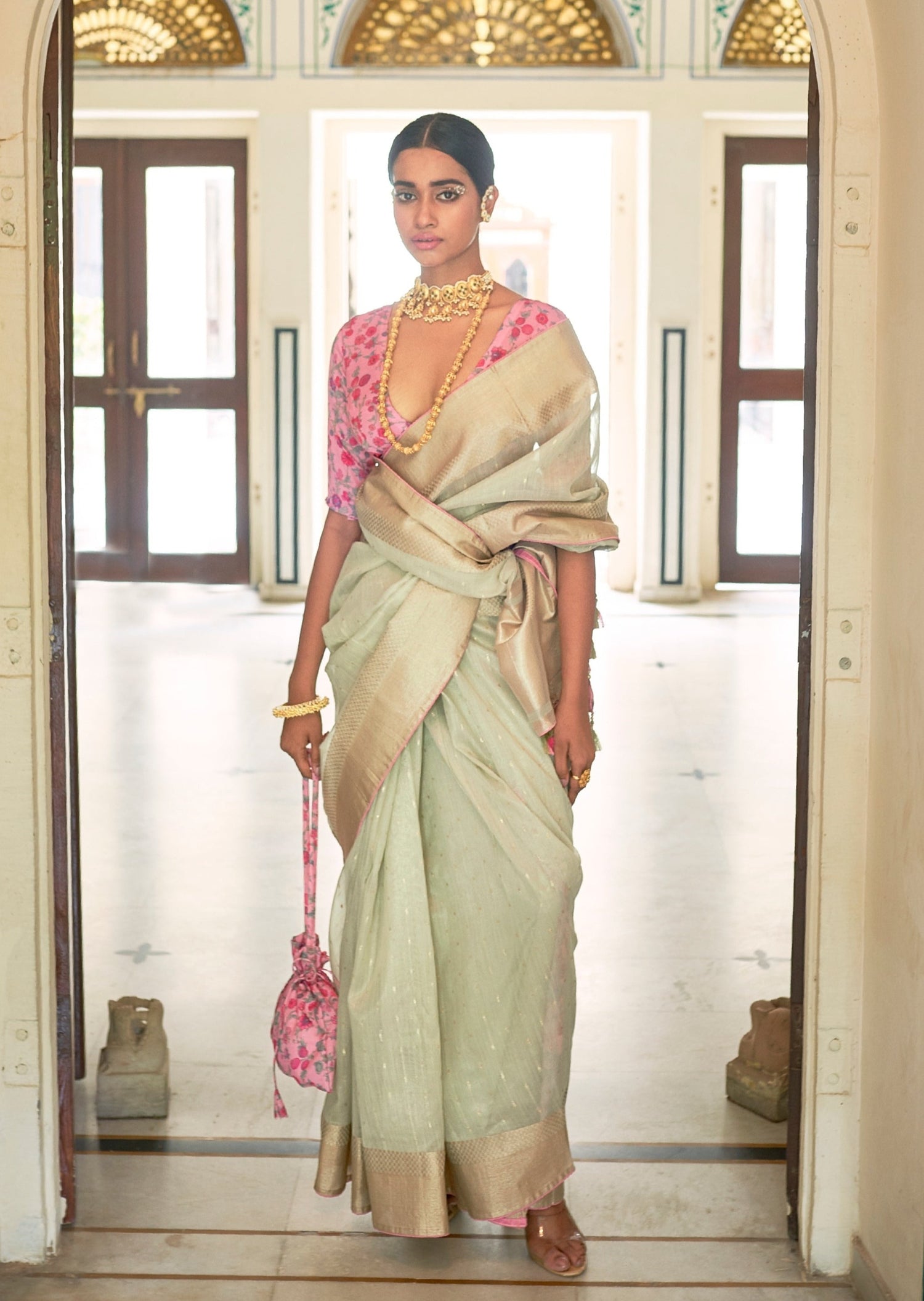 Pure Organza Pista Green Saree with Contrasting Blouse
