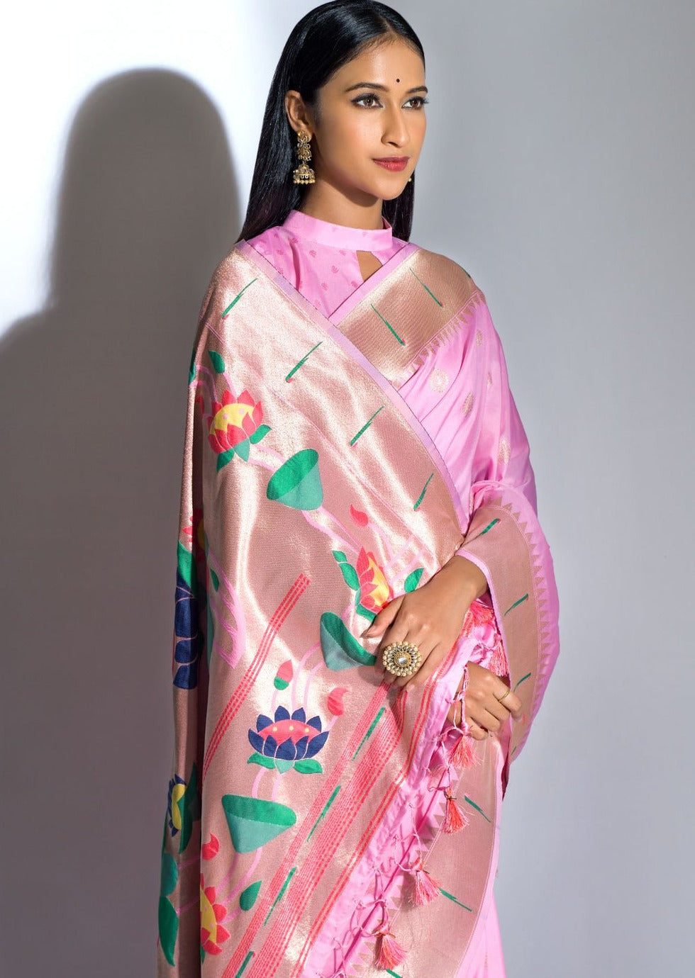 Paithani silk baby pink saree pallu design online india for wedding.