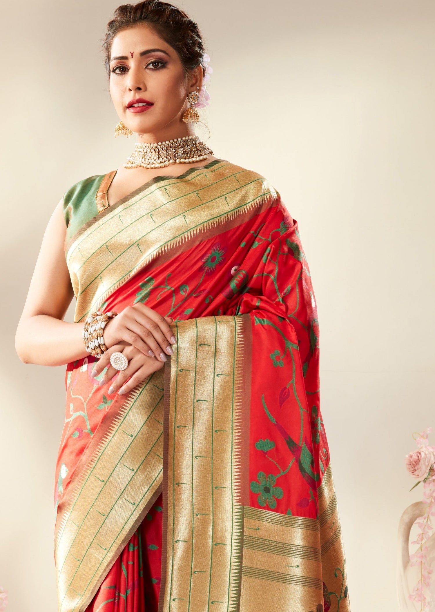Pure handloom paithani silk red bridal saree blouse designs online shopping usa.