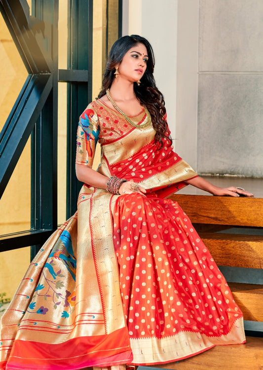 Pure Paithani Silk Tart Red Saree.