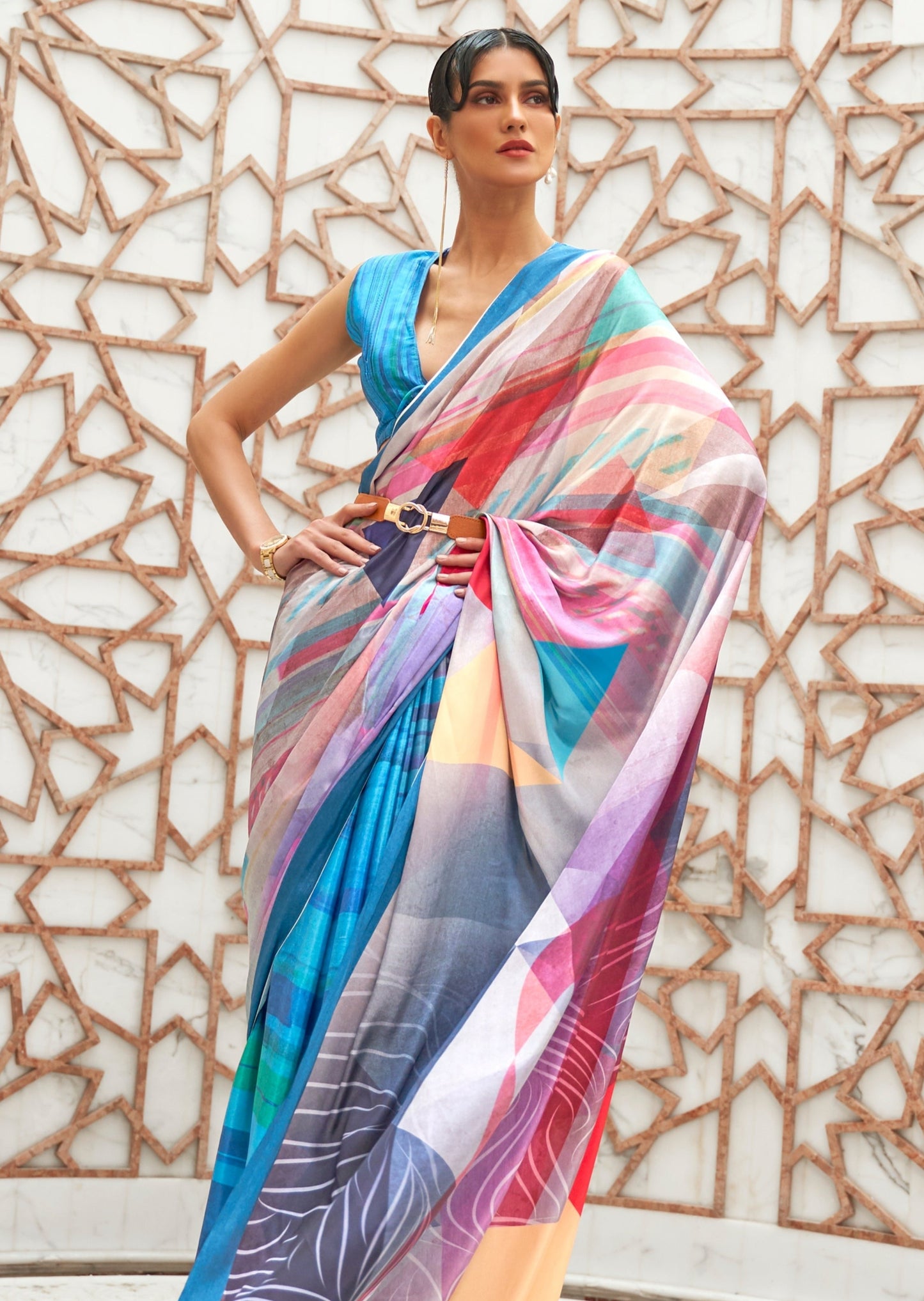 Pure silk crepe printed saree online in blue color.