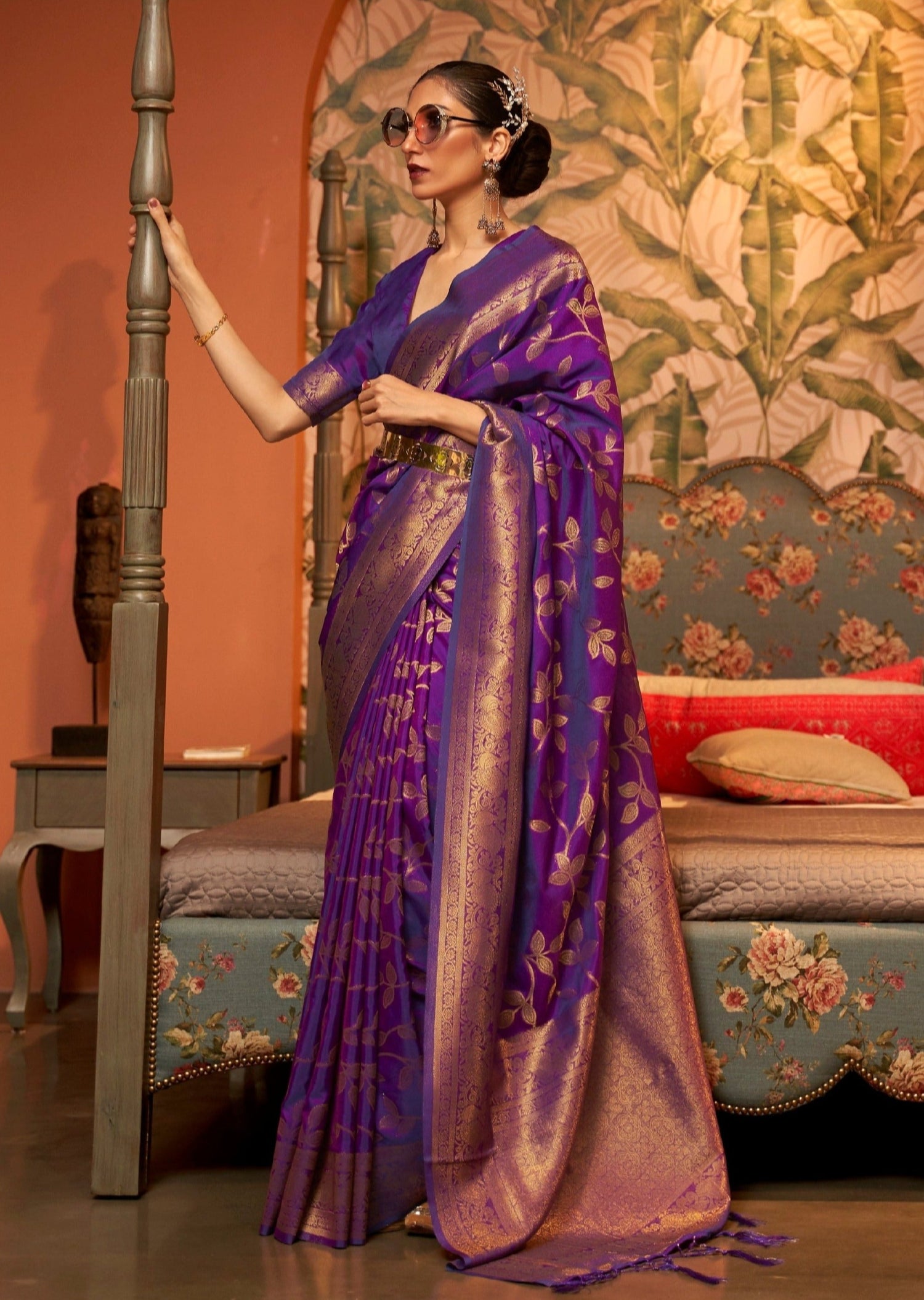 Purple banarasi silk saree online shopping for wedding function look in india.