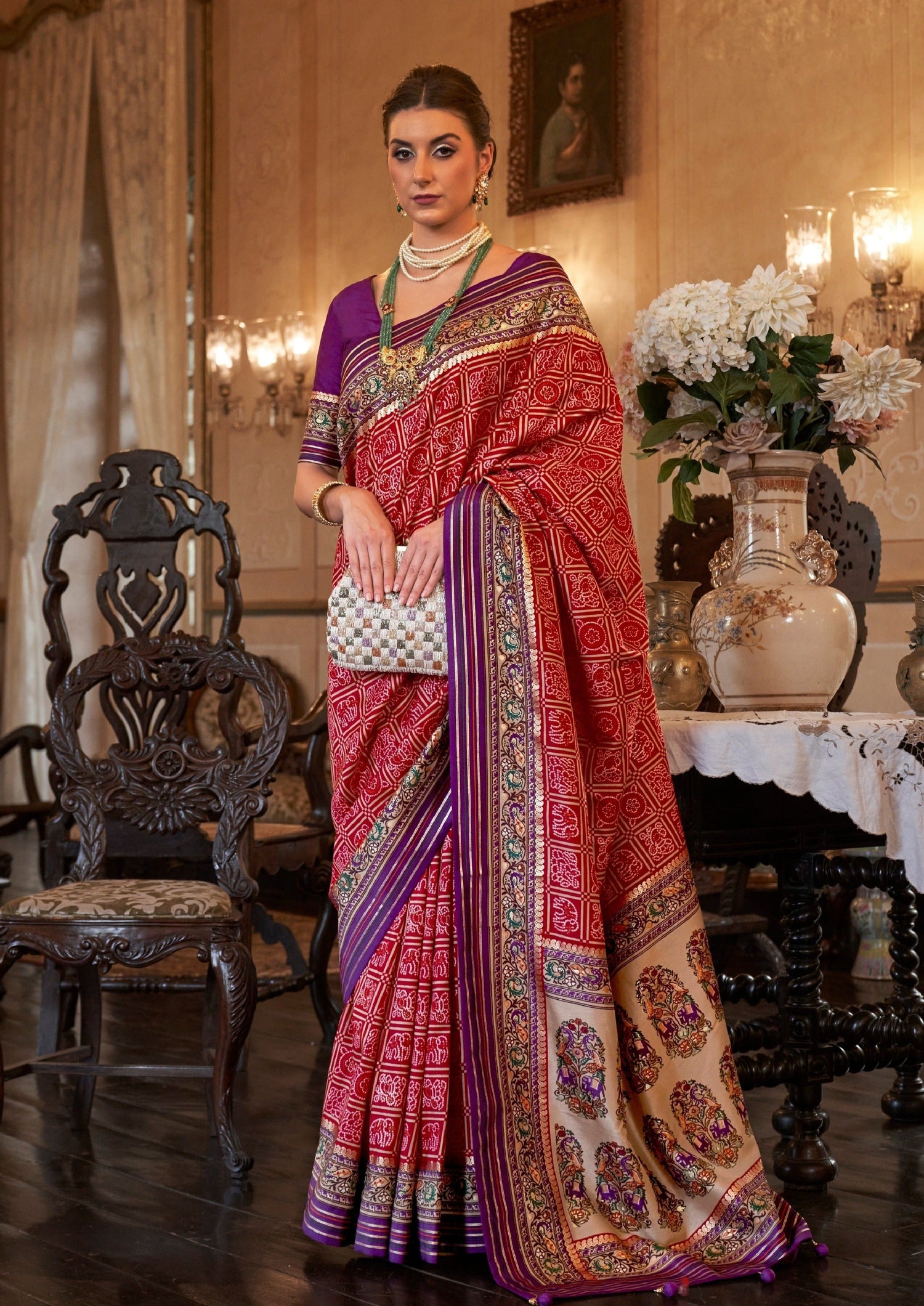 Red bandhani saree with purple blouse online.