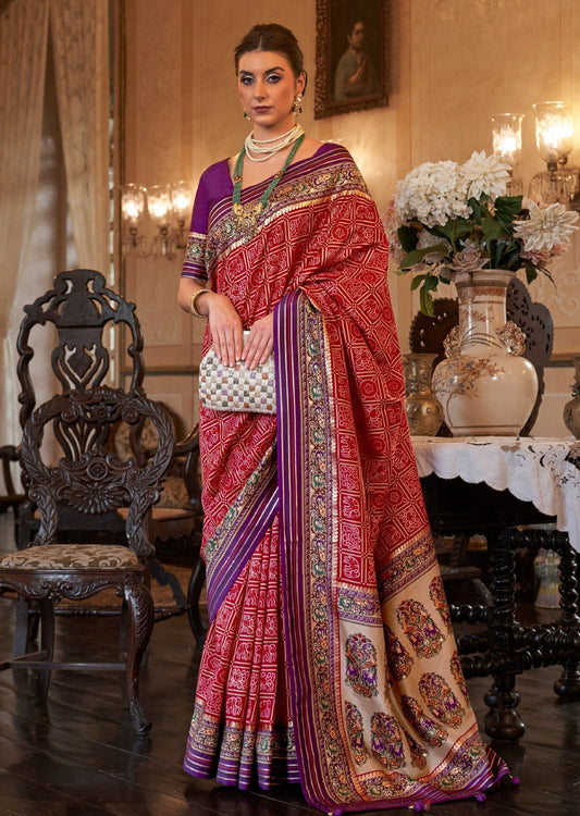 Red bandhani saree with purple blouse online.