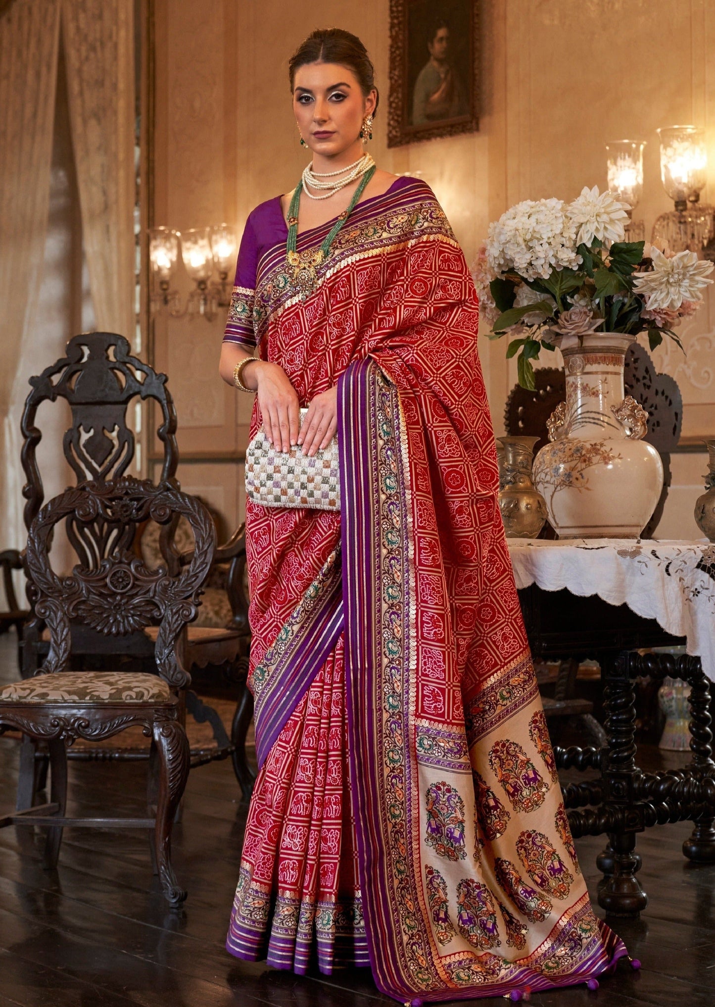 Red bandhani saree in usa with purple blouse online.