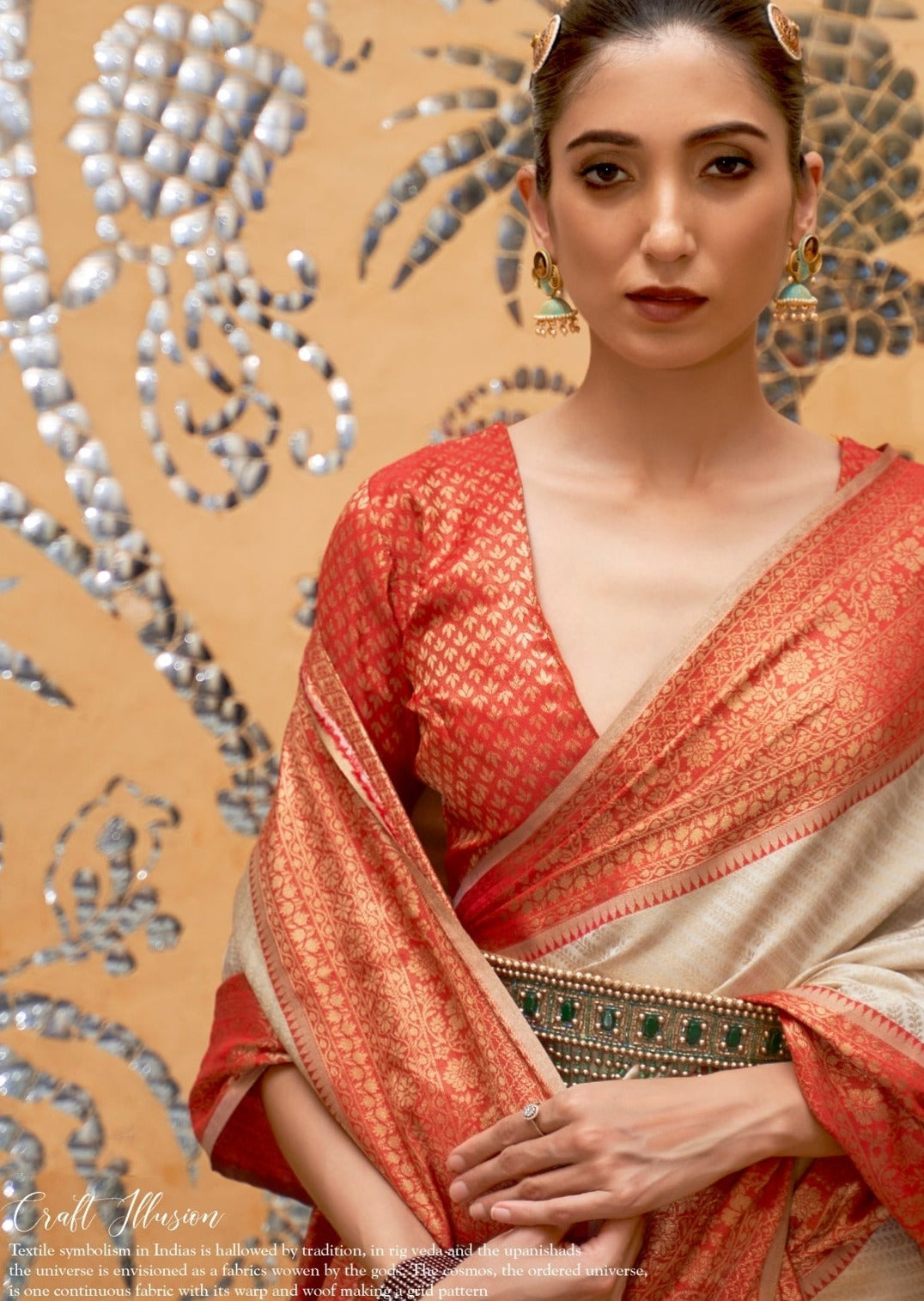 Shop red and cream handloom kanjivaram silk saree online for bride at best price.