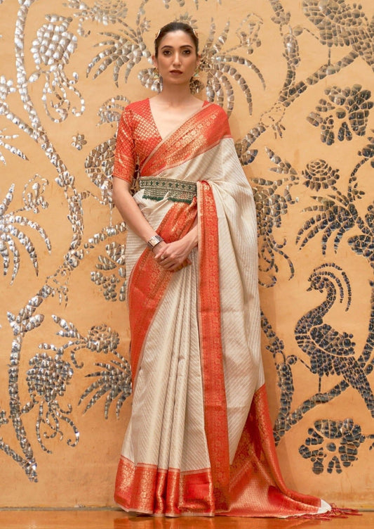 Red and cream white kanjivaram silk handloom saree online for wedding.