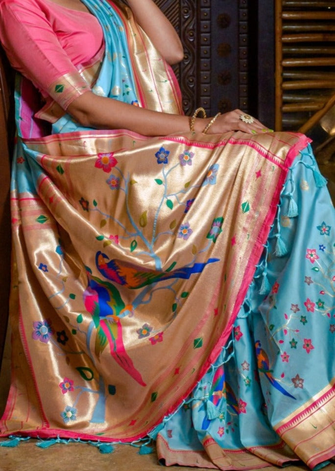 Blue paithani silk handloom saree with pink blouse online designs.