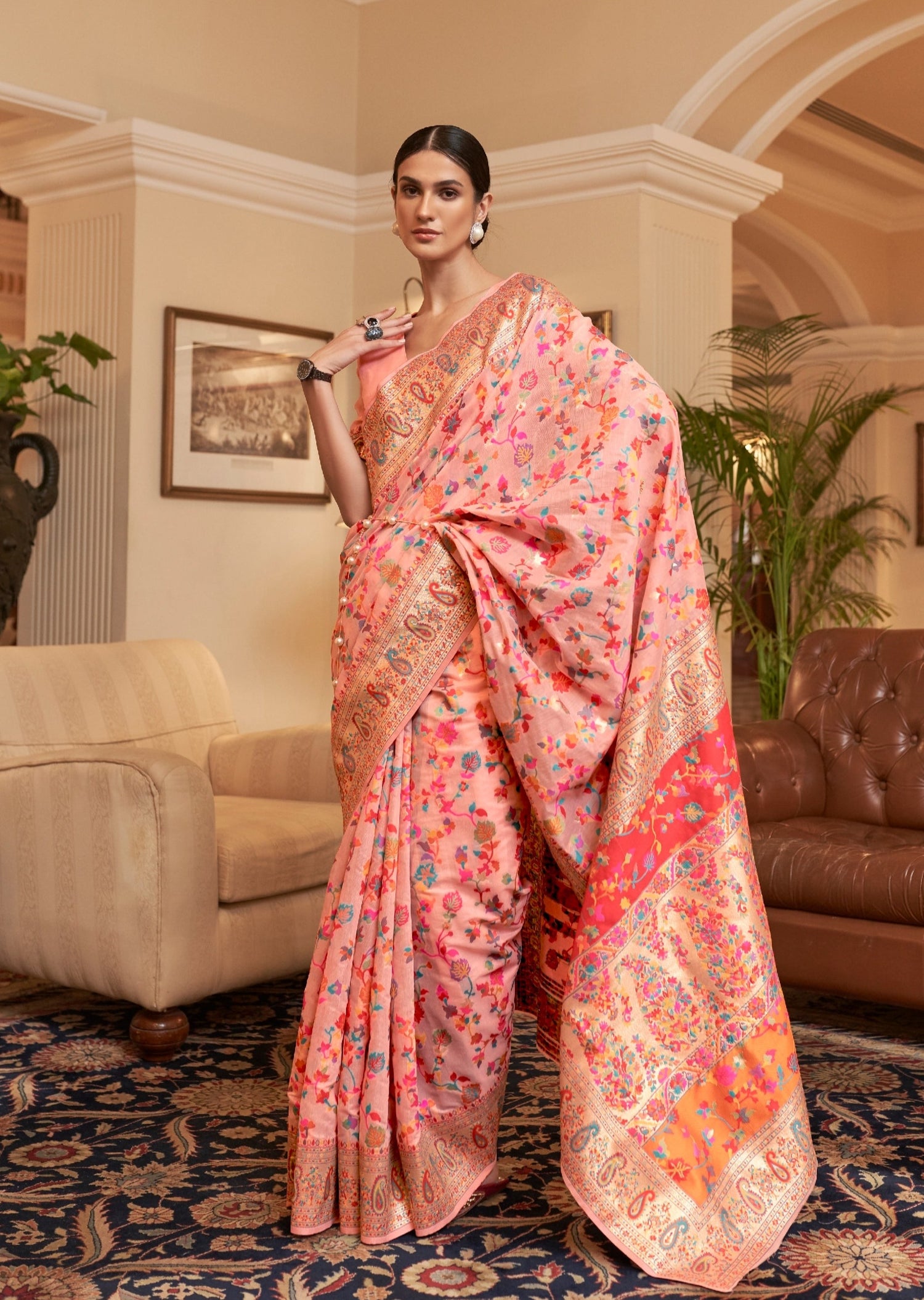 Tanchoi jamawar saree online shopping in peach colour with boota border design in pure zari weaving.