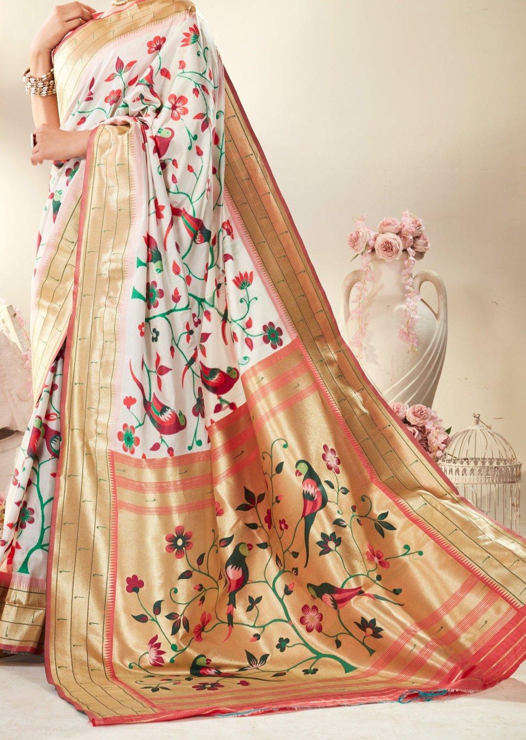 Triple muniya border white paithani silk saree online with contrast pink blouse.