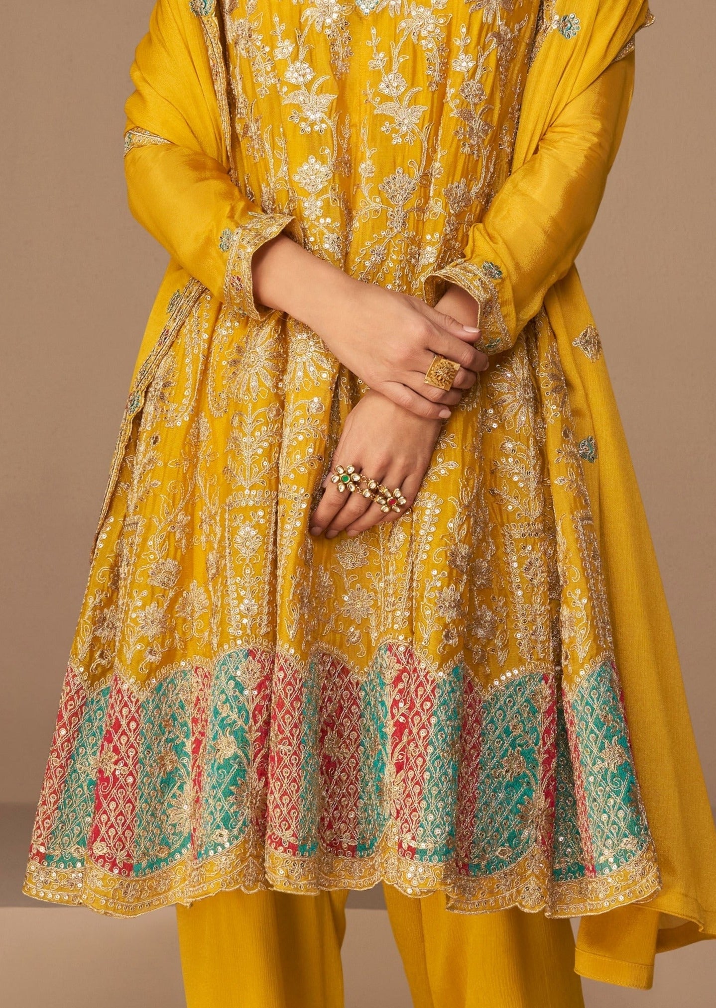 yellow bridal silk suit with handwork 
