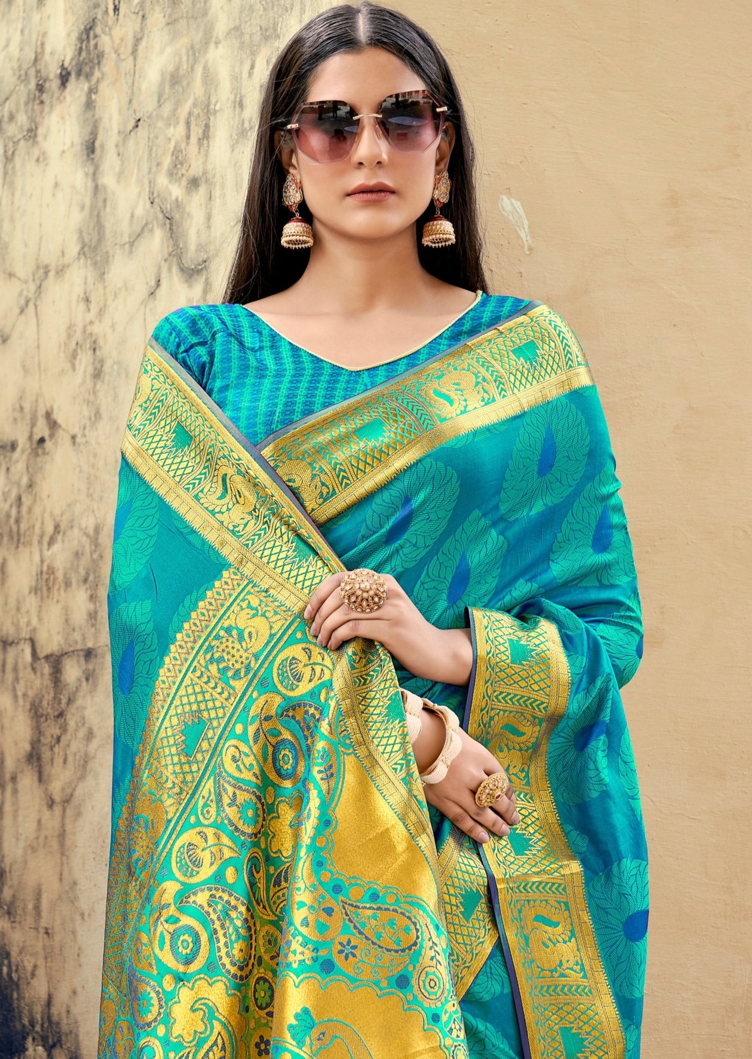 Shop pure handloom turquoise blue banarasi silk bridal saree in usa online at best price.