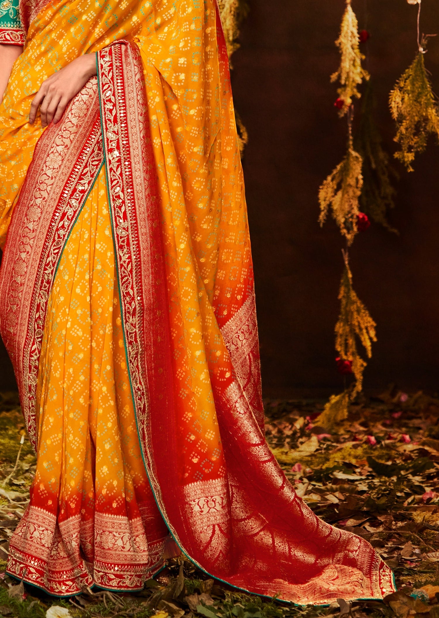 Yellow saree with Contrasting red pallu